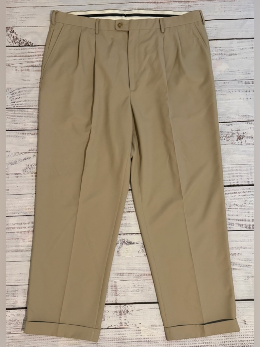 Pro Tour Mens 42X30 Beige Polyester Golf Pants Pleated, Cuffed Hem, Preppy